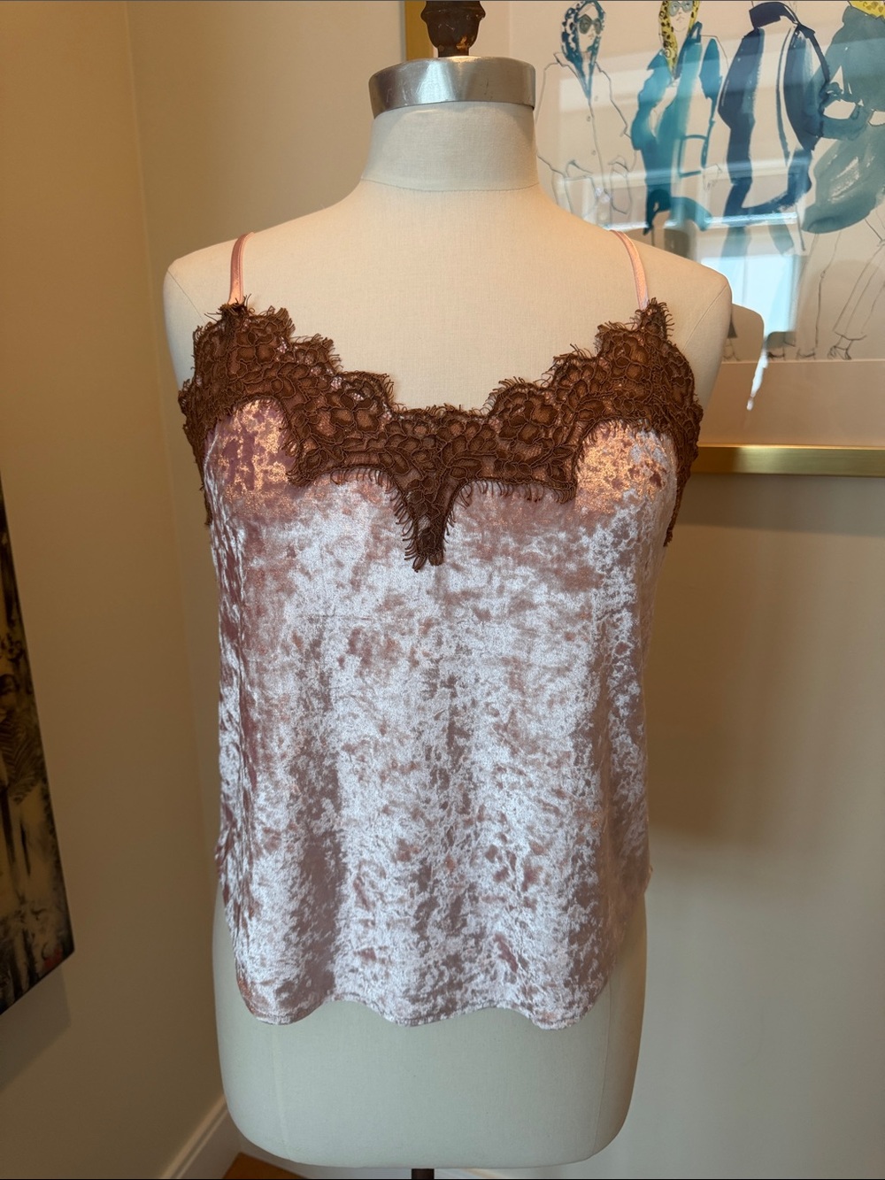 Lace-Trim Velvet Cami Tank Top - Blush Pink